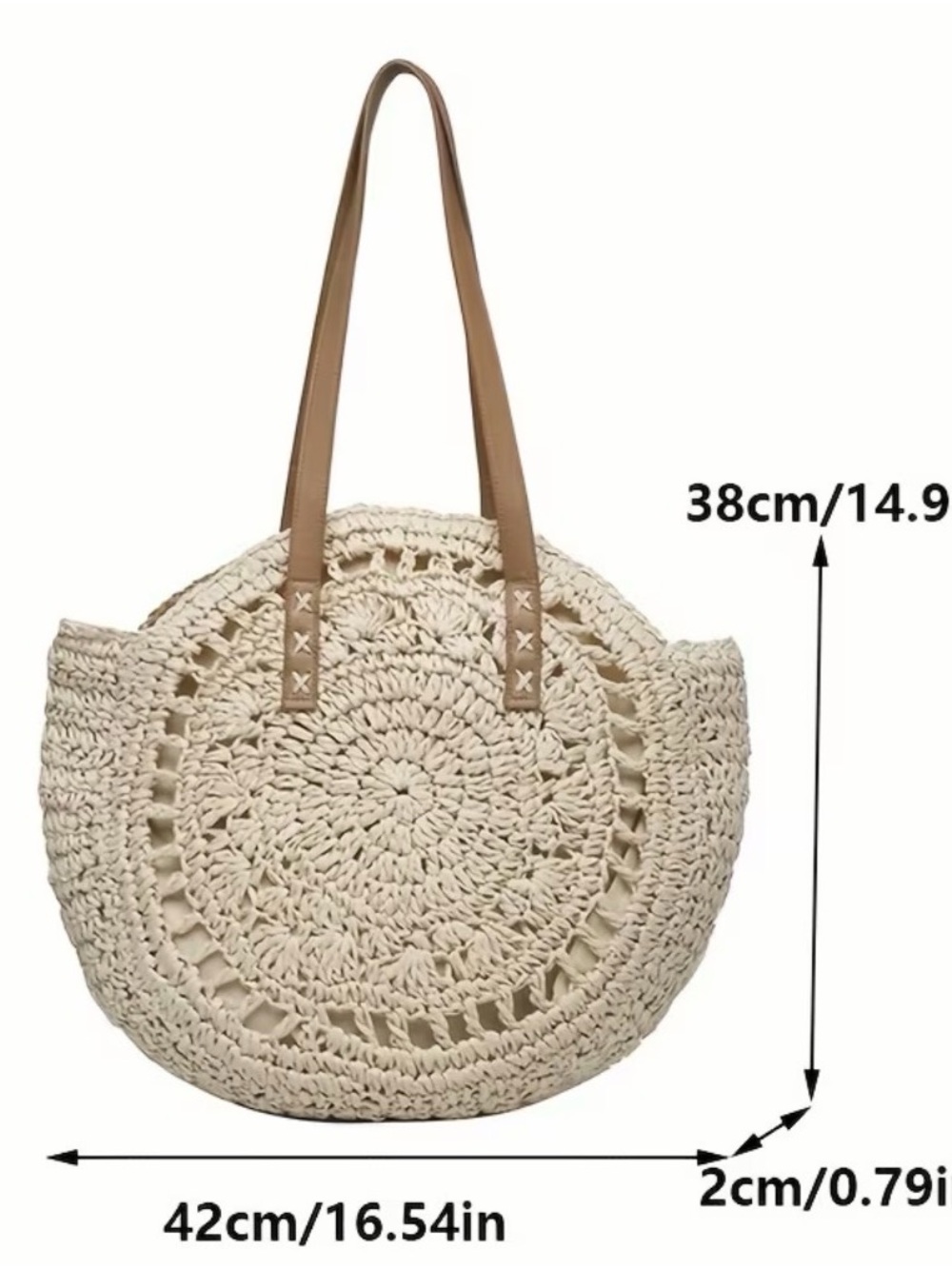 NEW Woven Round Straw Tote Bag with Tan Handles - Picture 3 of 4